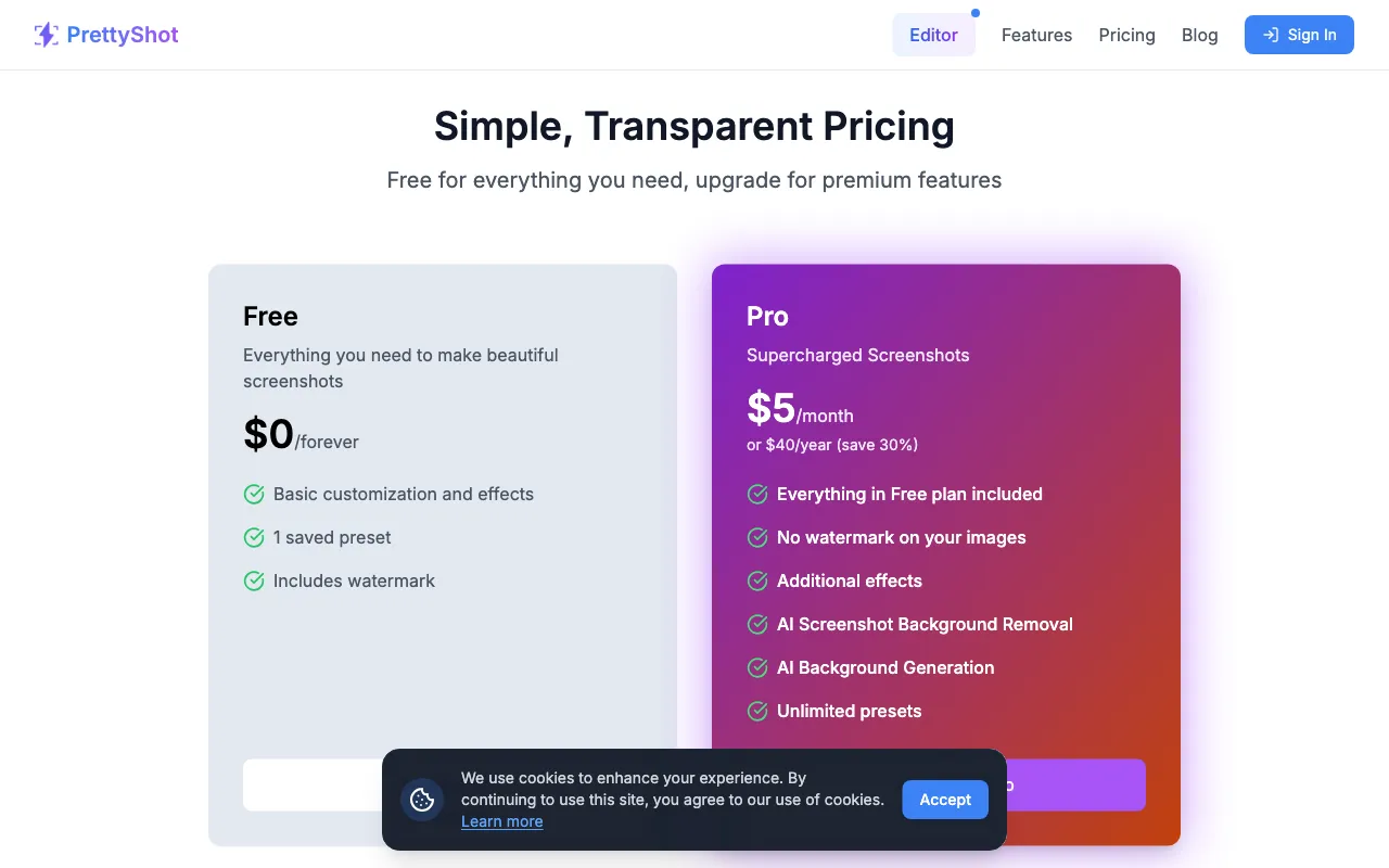 PrettyShot — pricing page