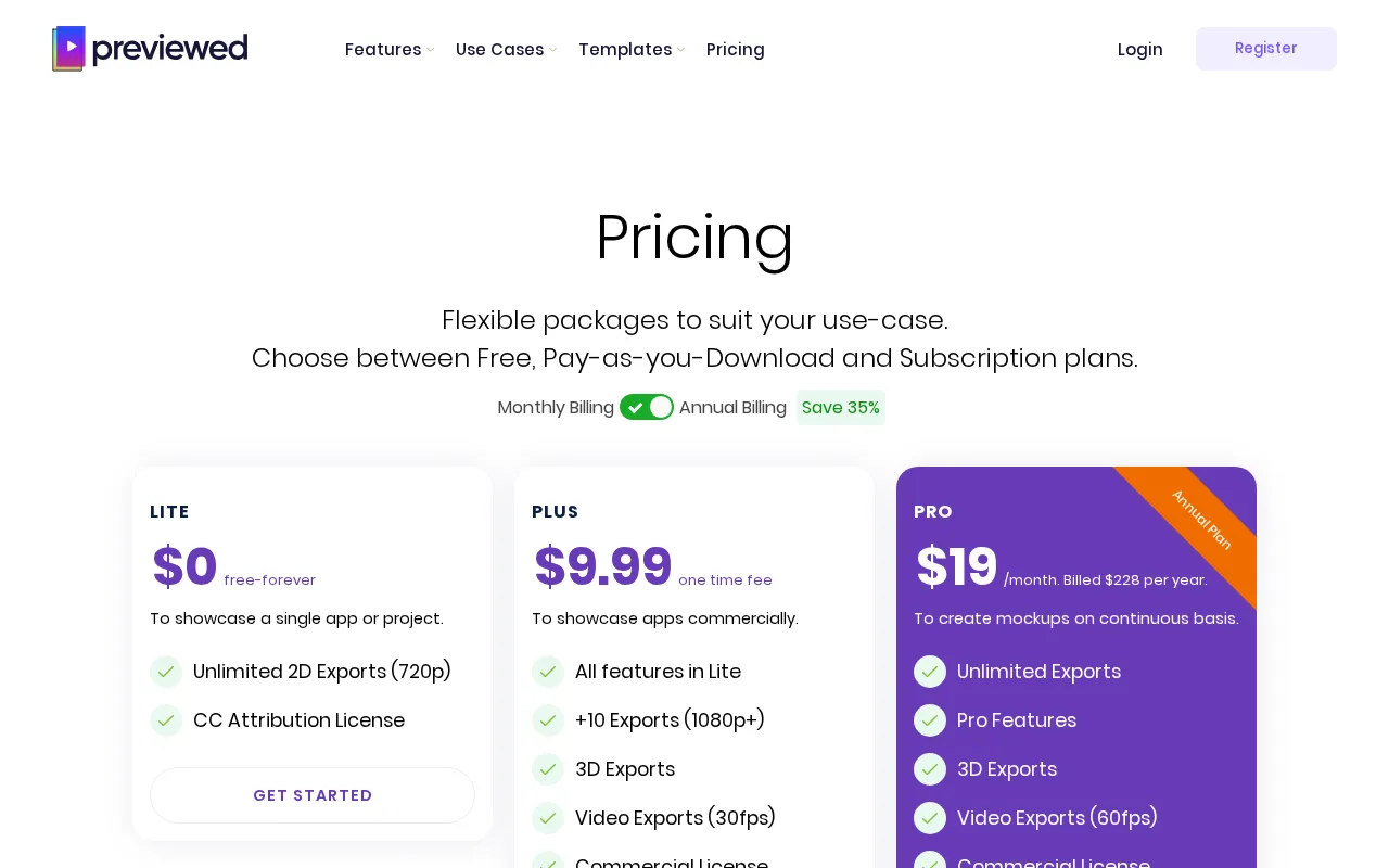 Previewed — pricing page