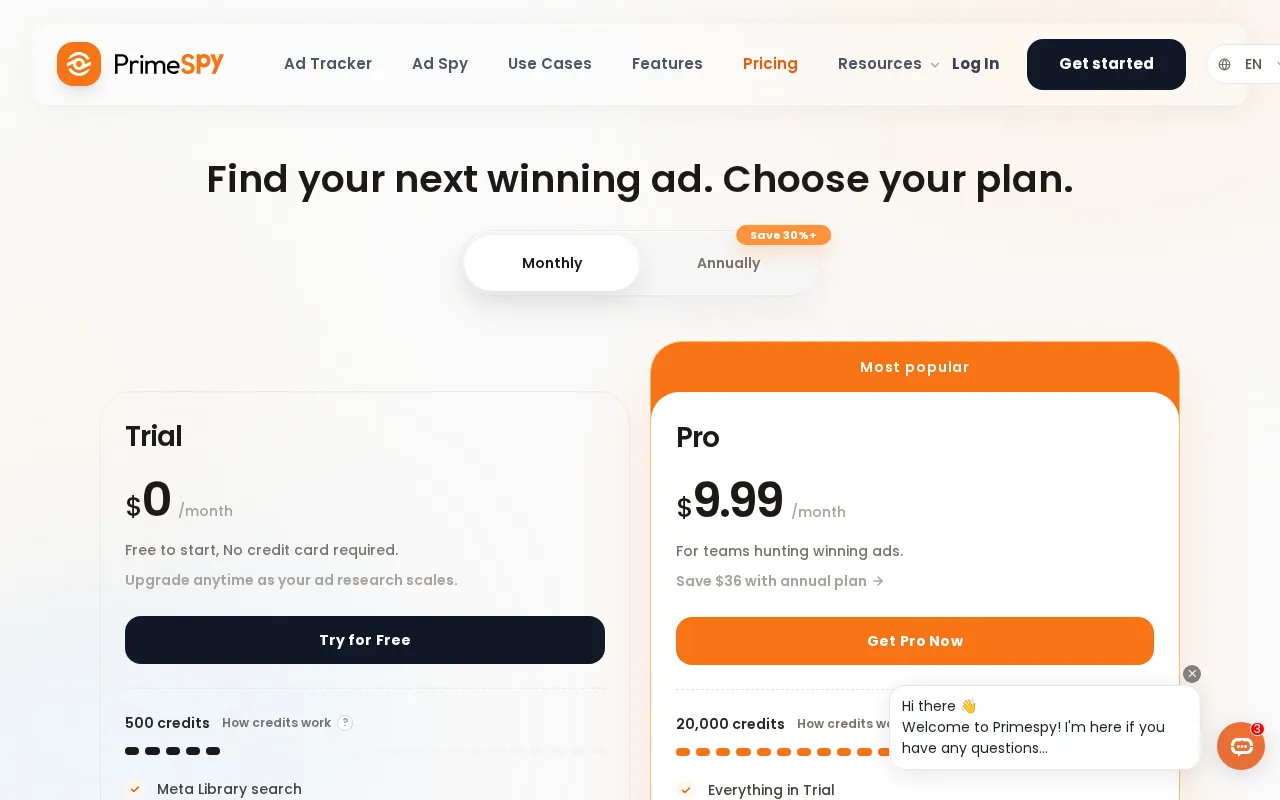 PrimeSpy — pricing page
