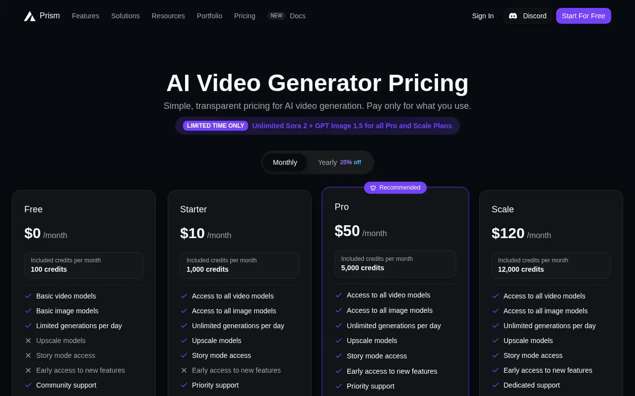 Prism Videos — pricing page