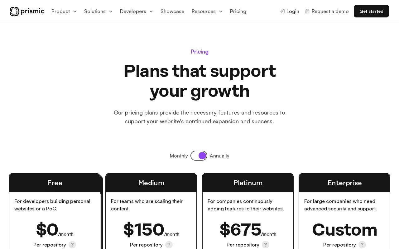 Prismic — pricing page