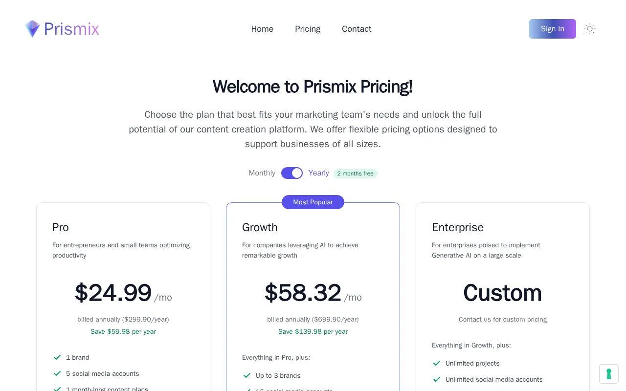 Prismix — pricing page