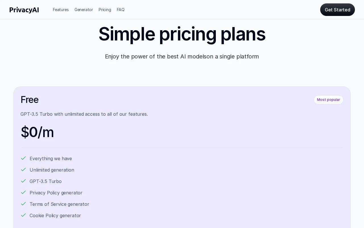 PrivacyAI — pricing page