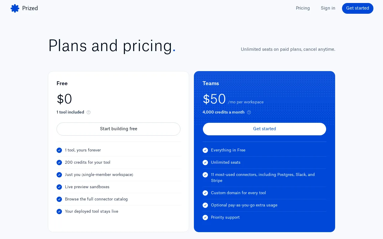 Prized — pricing page