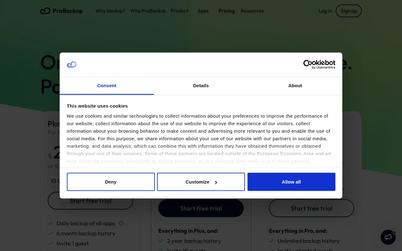ProBackup — pricing page