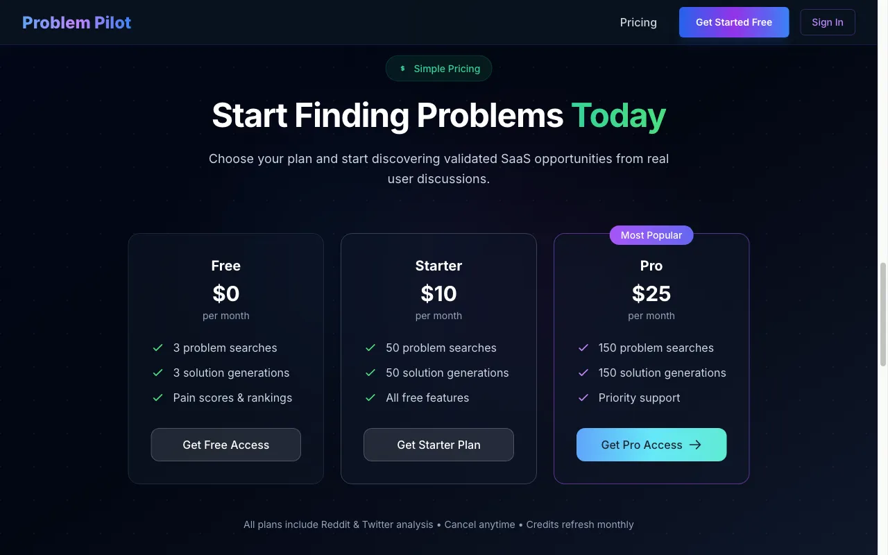 Problem Pilot — pricing page