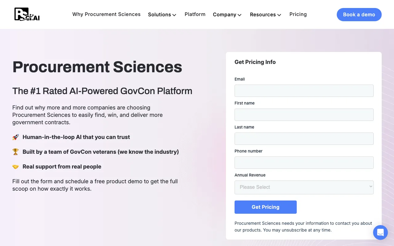 Procurement Sciences AI — pricing page