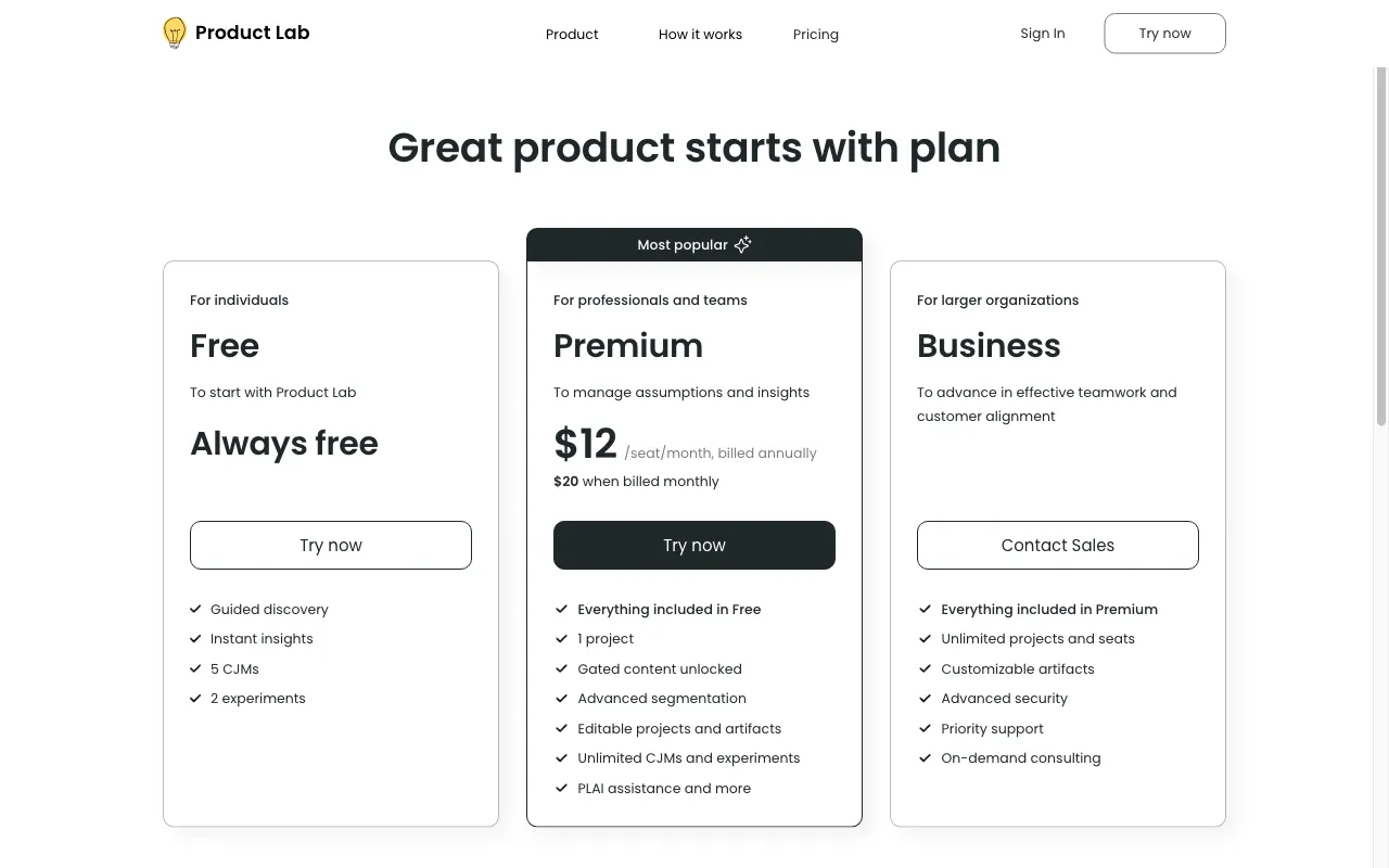 Product Lab AI — pricing page
