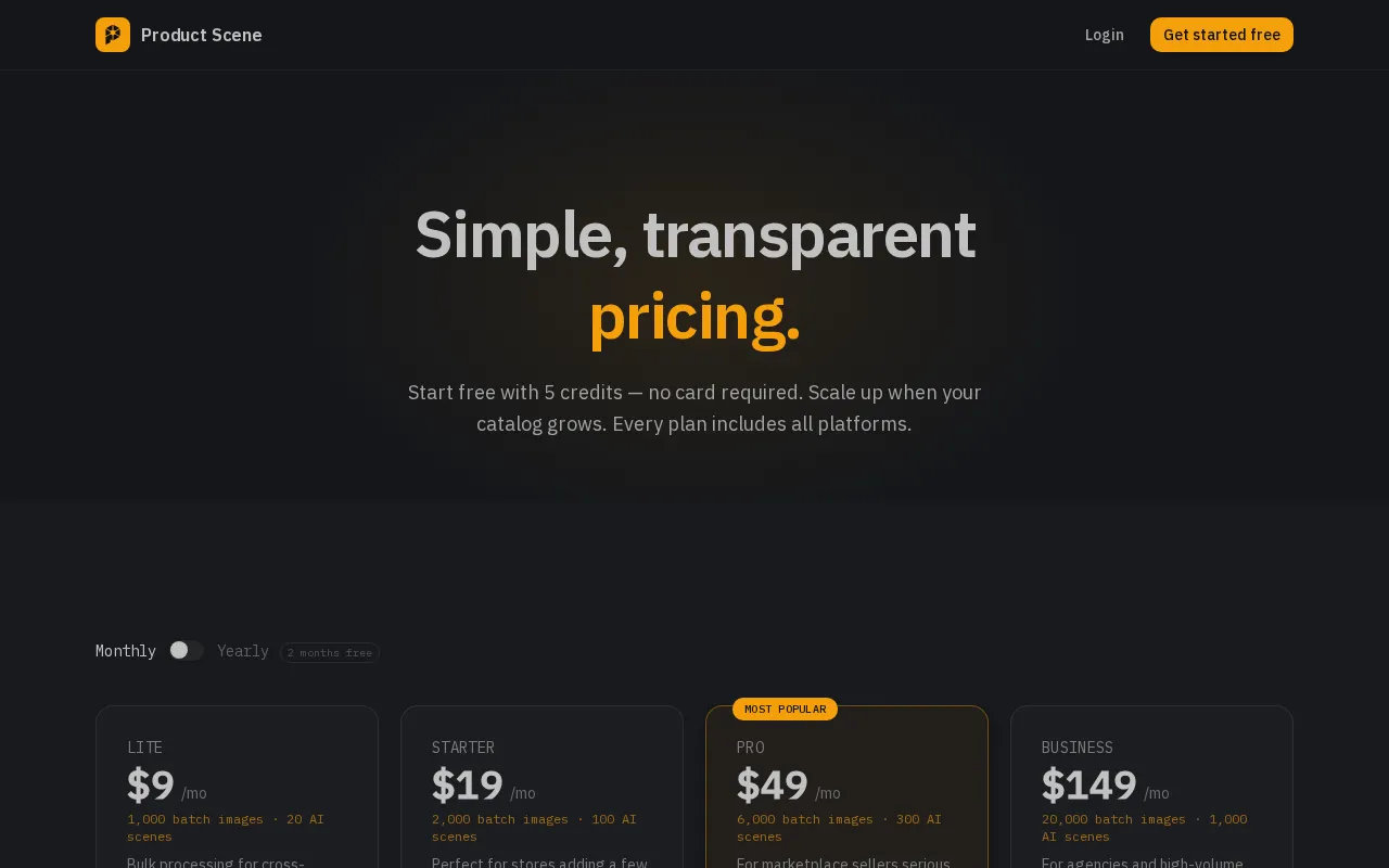 Product Scene — pricing page