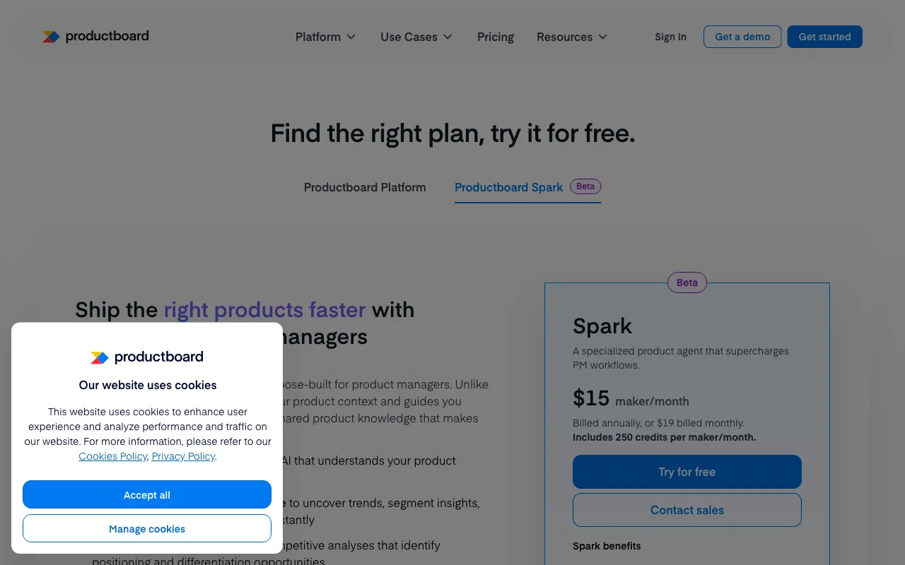 Productboard — pricing page