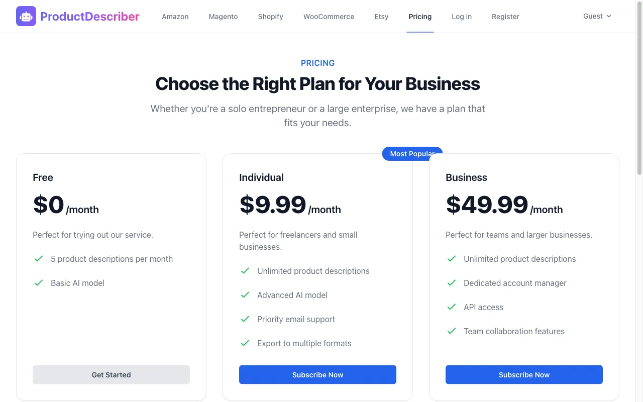 ProductDescriber — pricing page