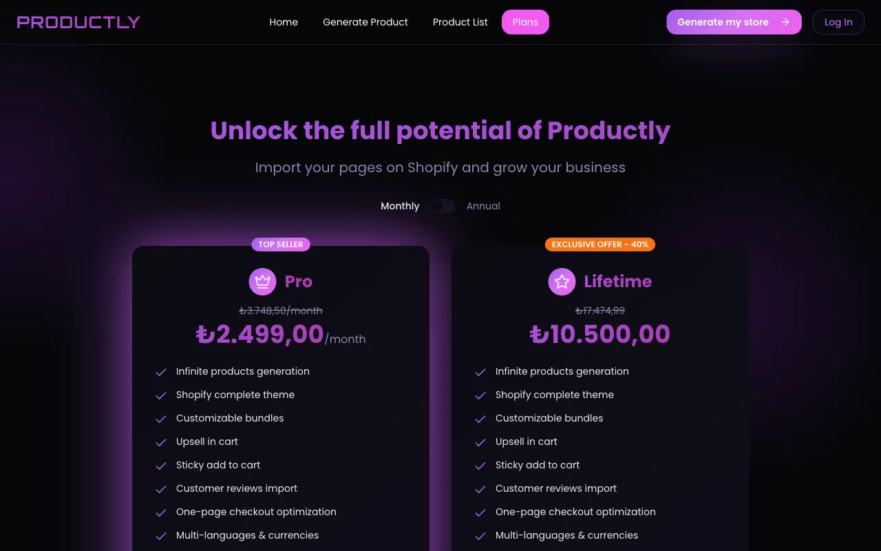 Productly — pricing page