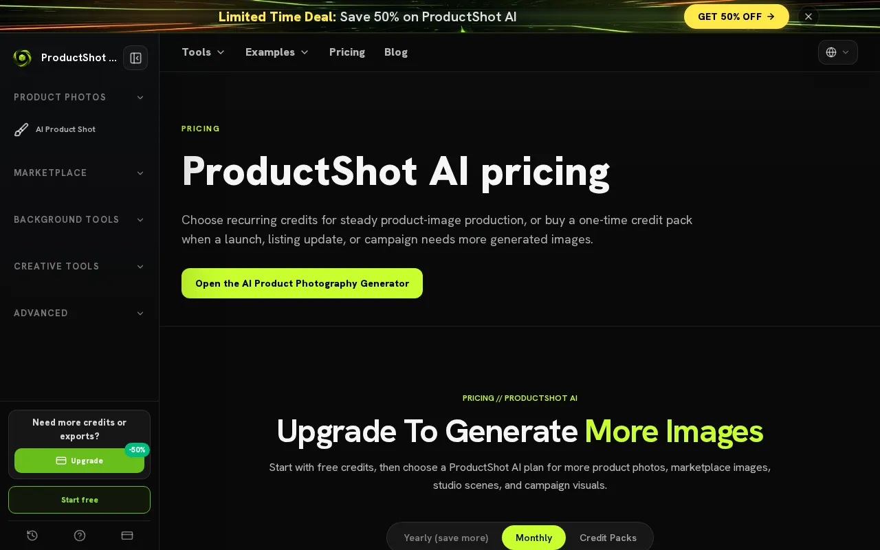 Productshot AI — pricing page