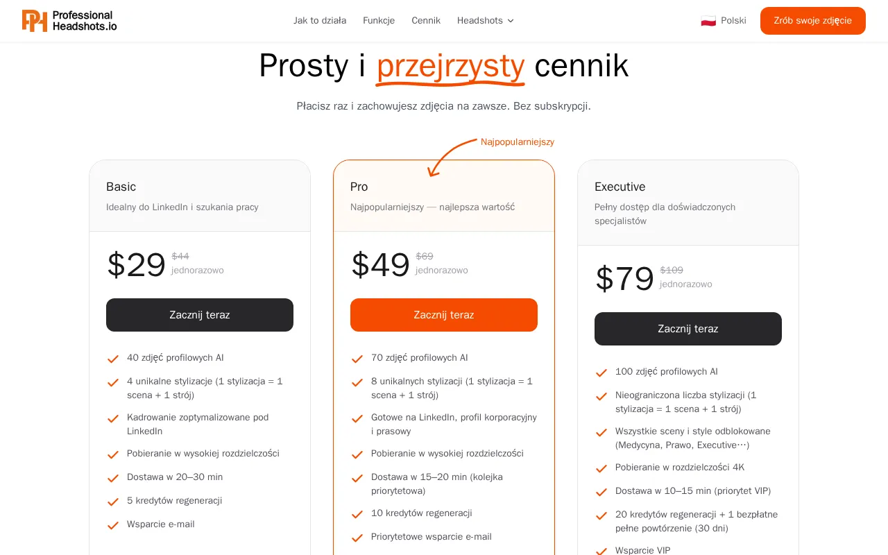 ProfessionalHeadshot.io — pricing page
