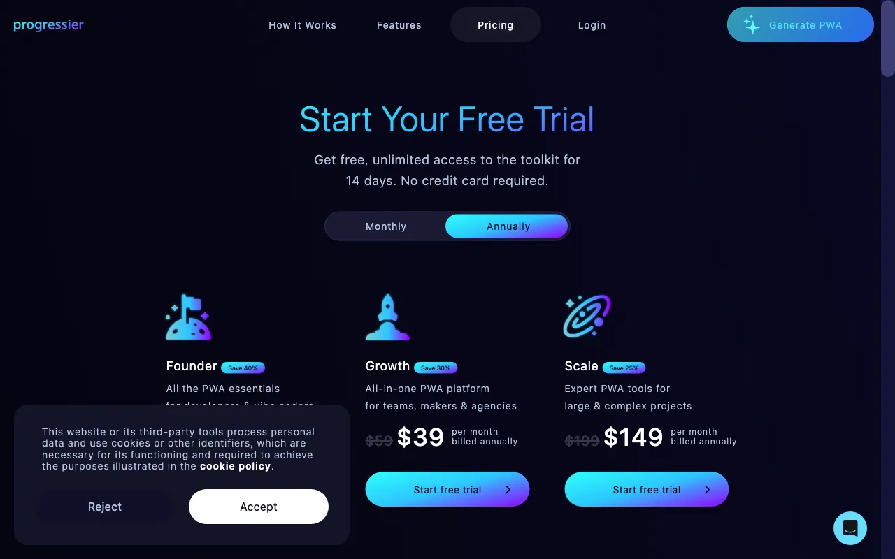 Progressier — pricing page