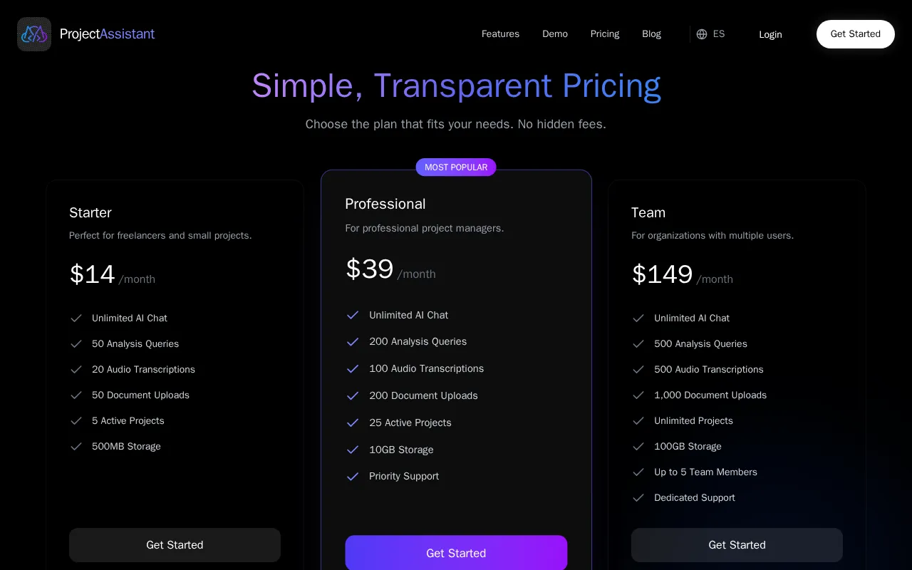 Project Assistant — pricing page