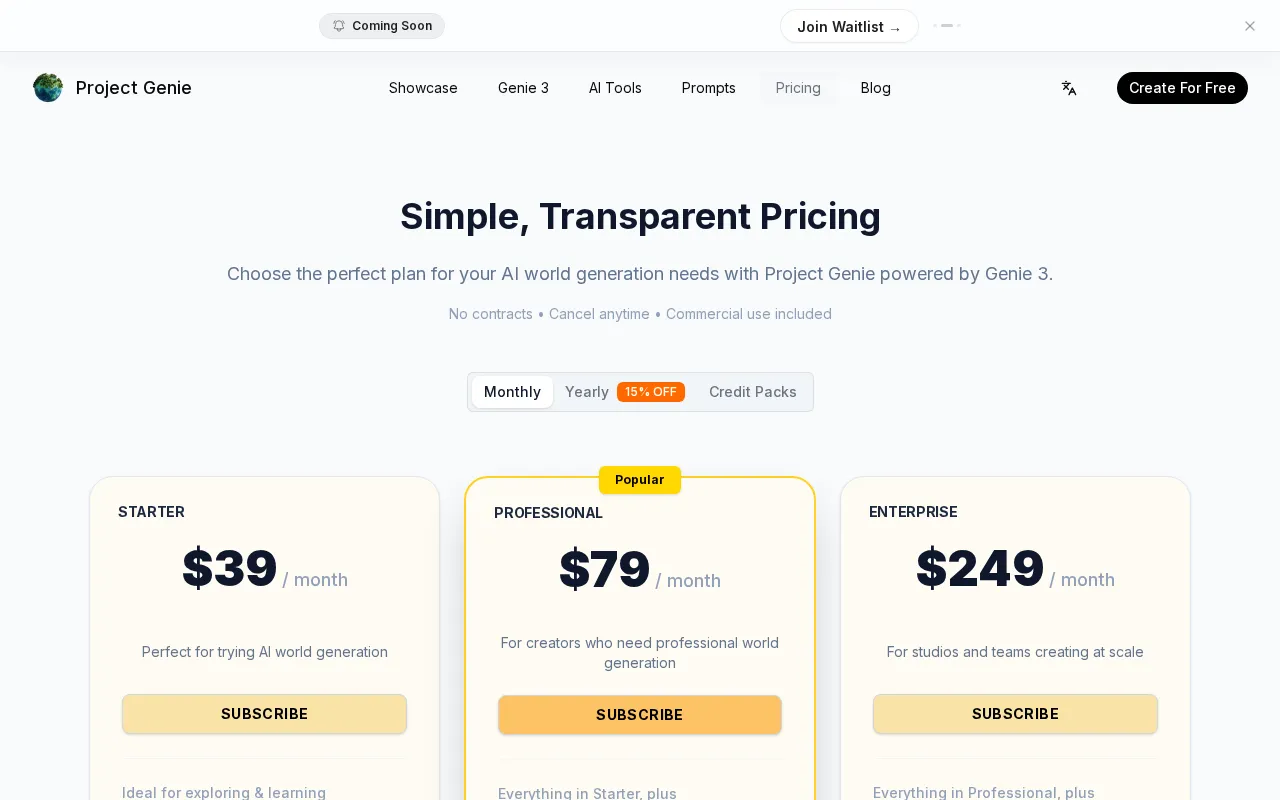 Project Genie — pricing page
