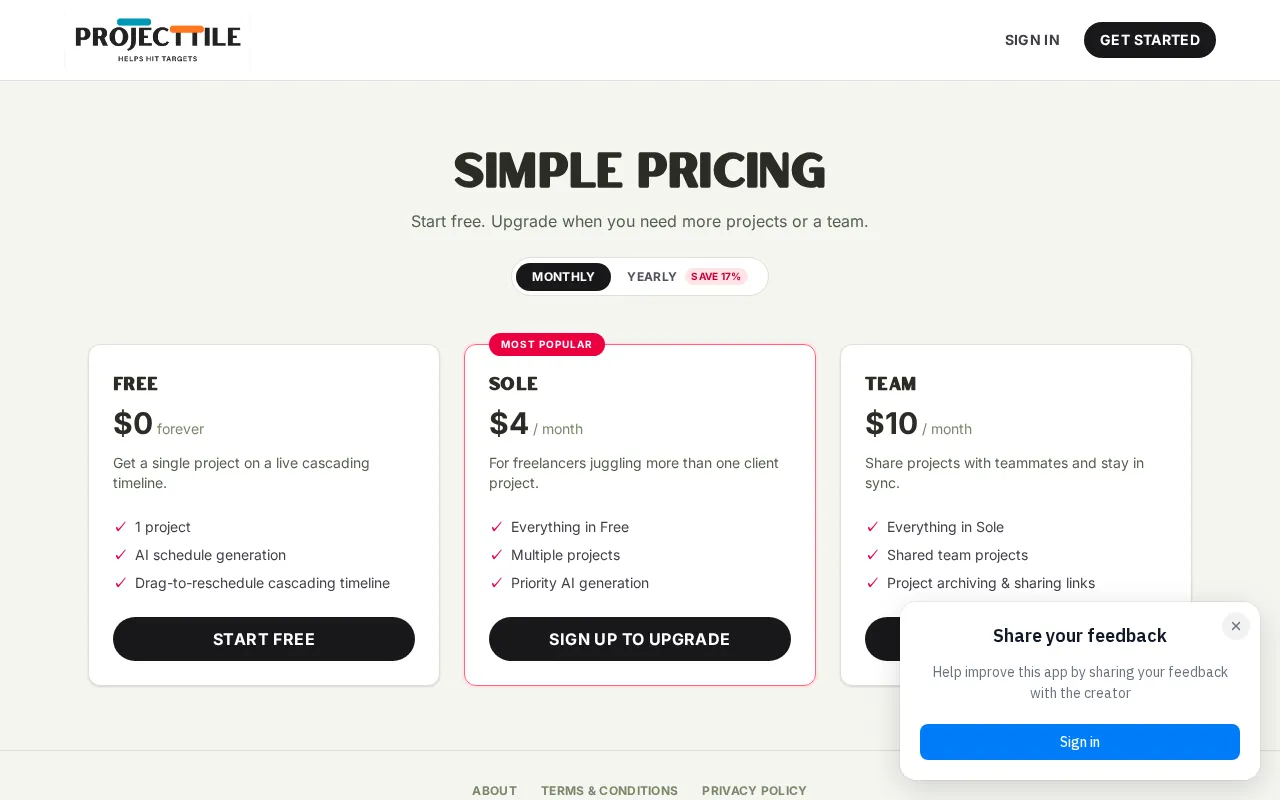 Projecttile — pricing page