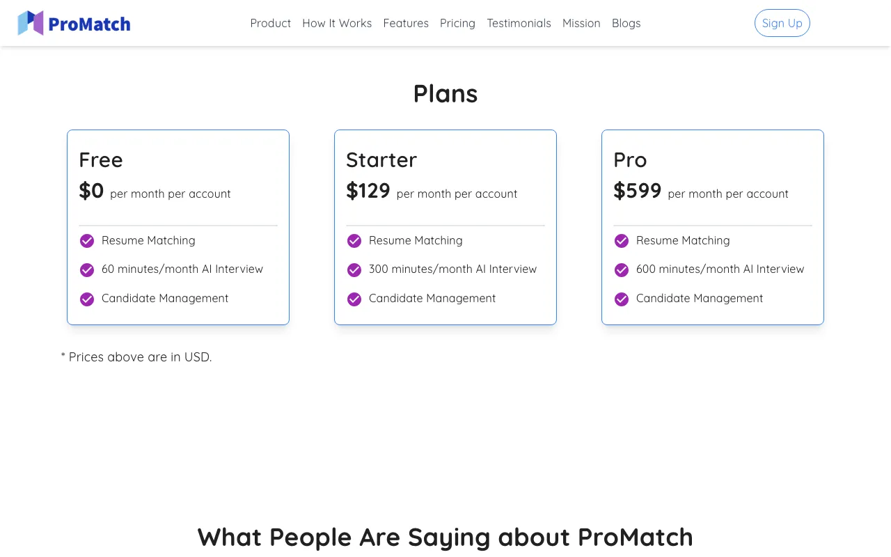 ProMatch — pricing page