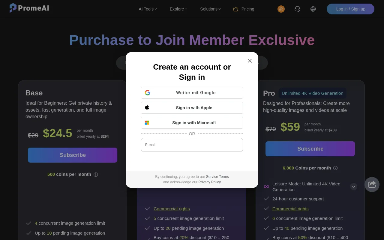 PromeAI — pricing page