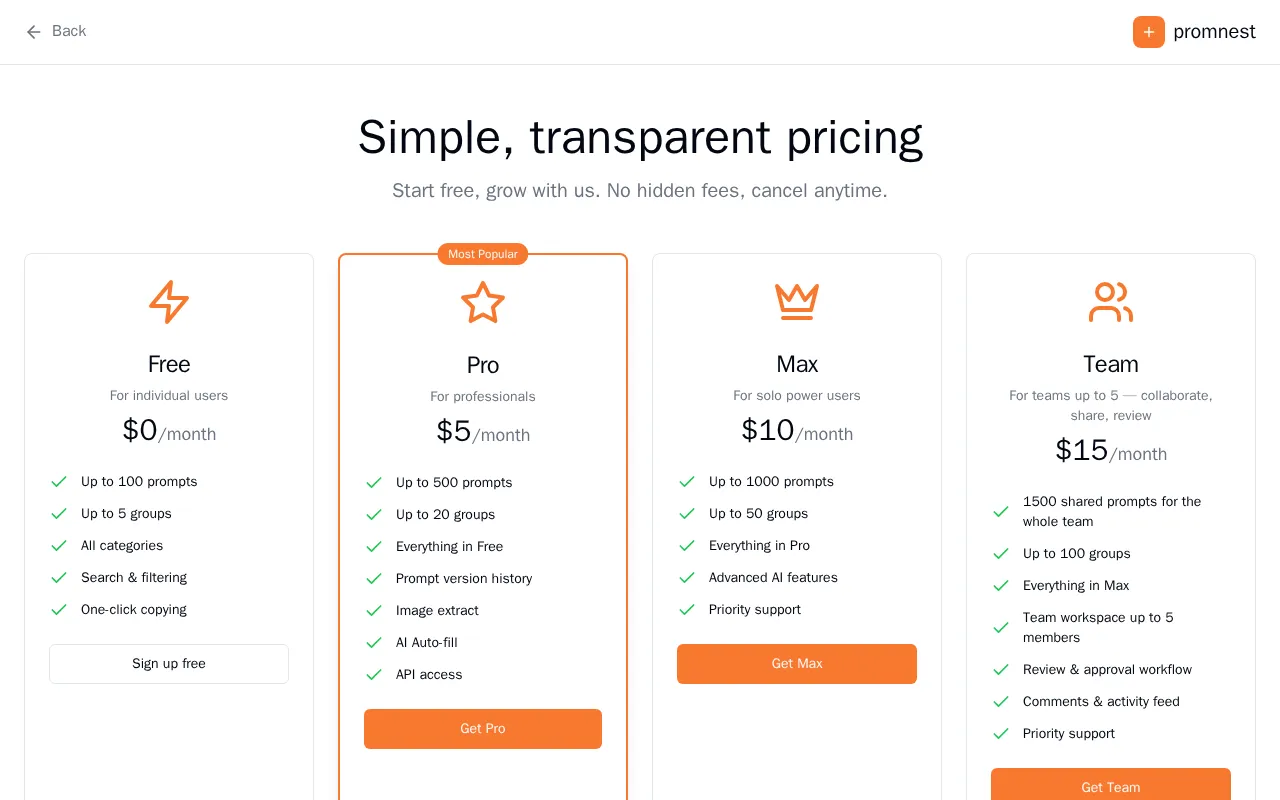 PromNest — pricing page