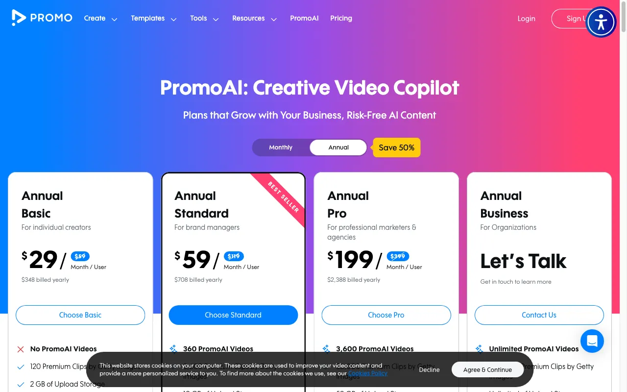 Promo AI Video Maker — pricing page