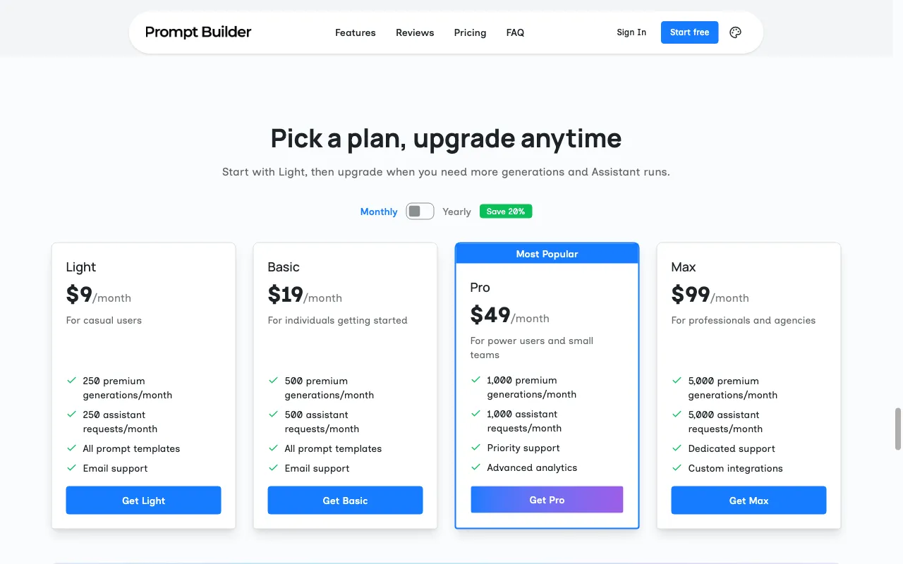 Prompt Builder — pricing page