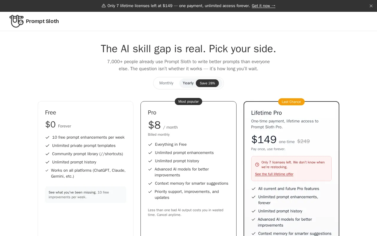 Prompt Sloth Write Better AI Prompts — pricing page