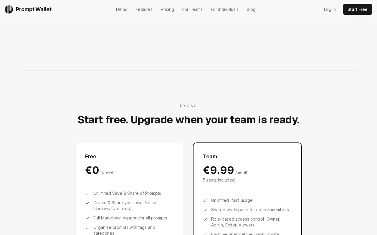 Prompt Wallet — pricing page