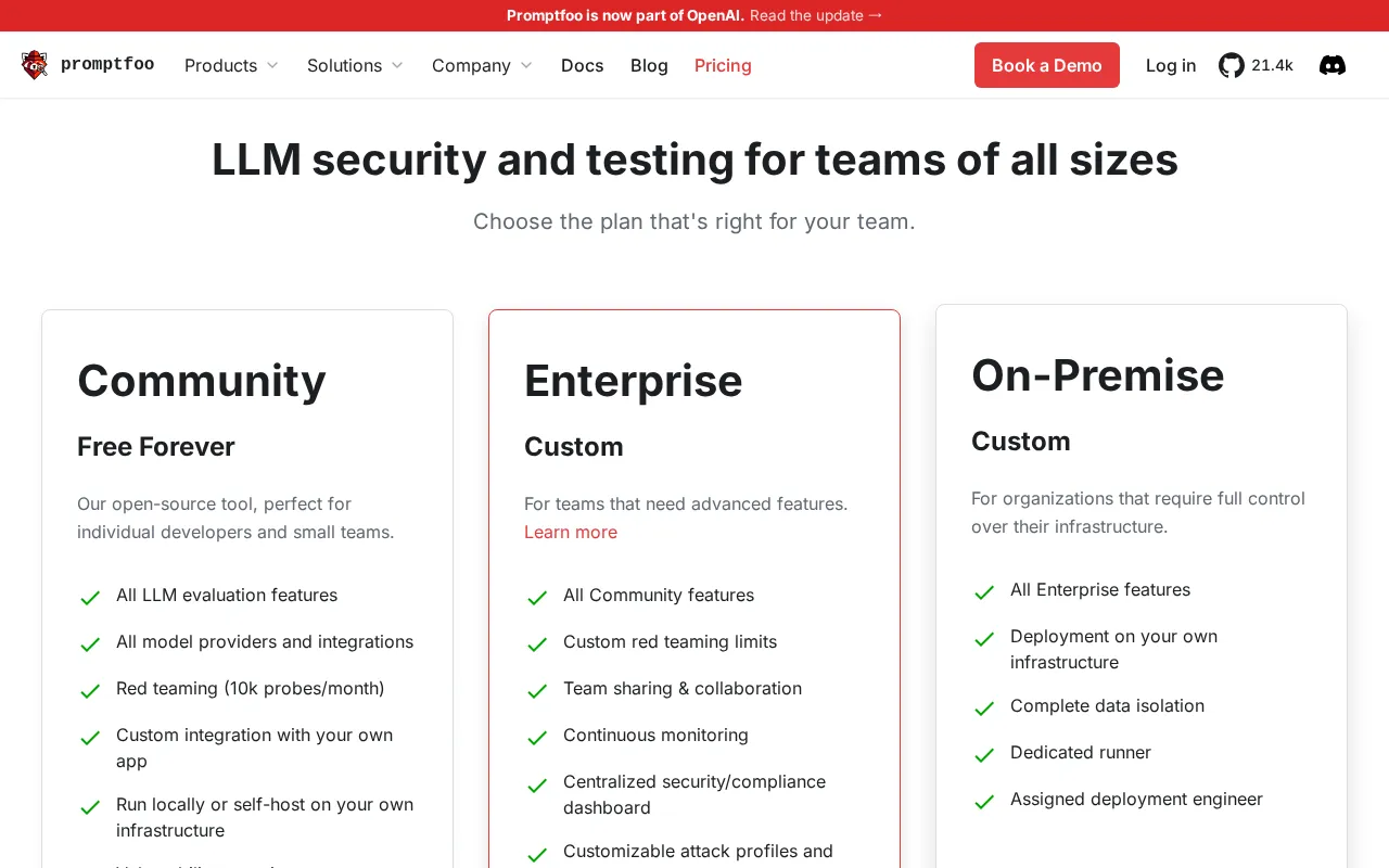 Promptfoo — pricing page