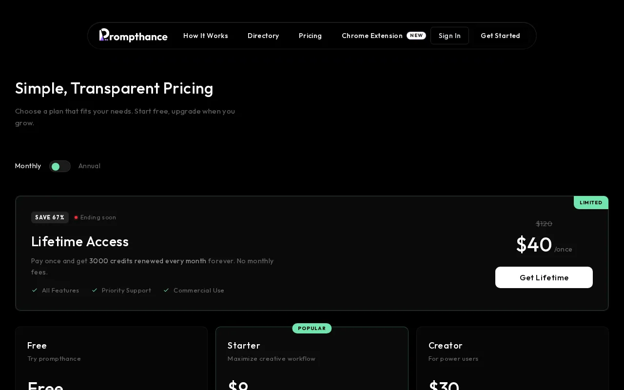 Prompthance — pricing page