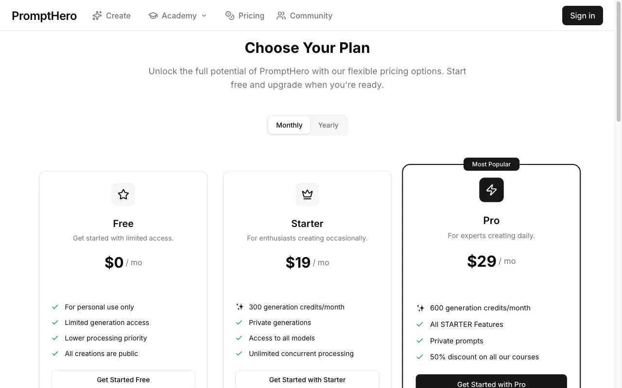 PromptHero — pricing page