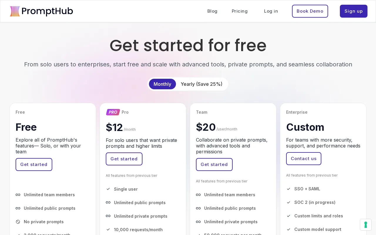 Prompthub — pricing page