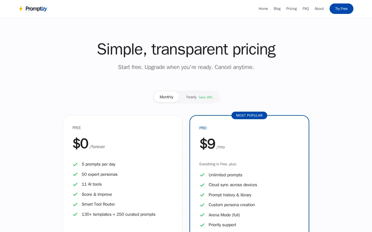 Promptizy — pricing page