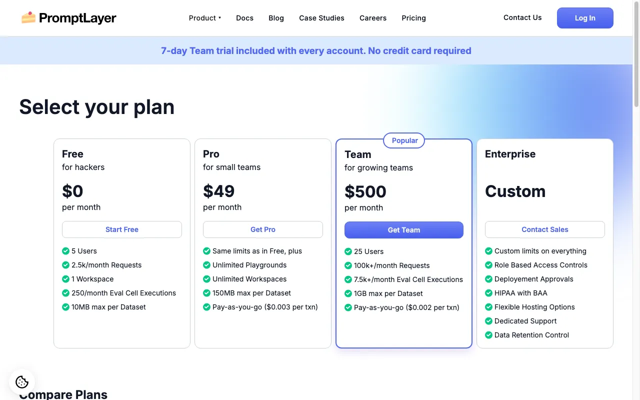 PromptLayer — pricing page
