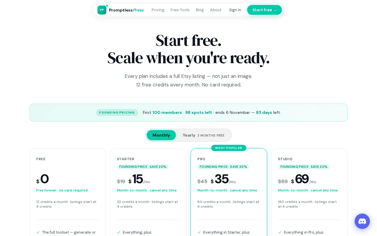 PromptlessPress — pricing page
