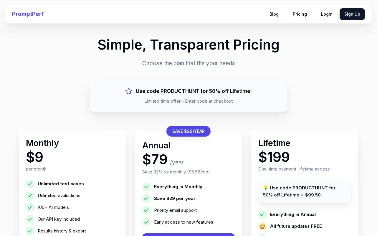 PromptPerf — pricing page