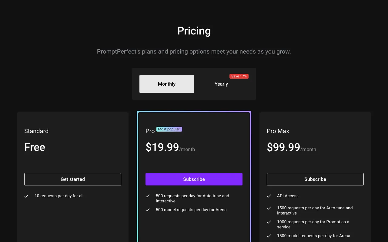 PromptPerfect — pricing page