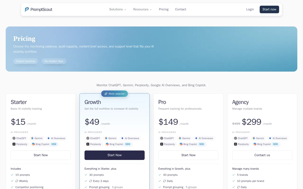 PromptScout — pricing page