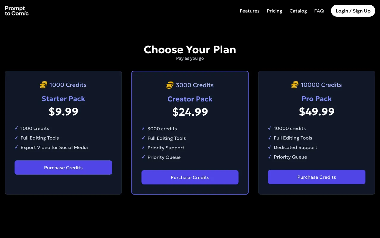 PromptToComicAI — pricing page