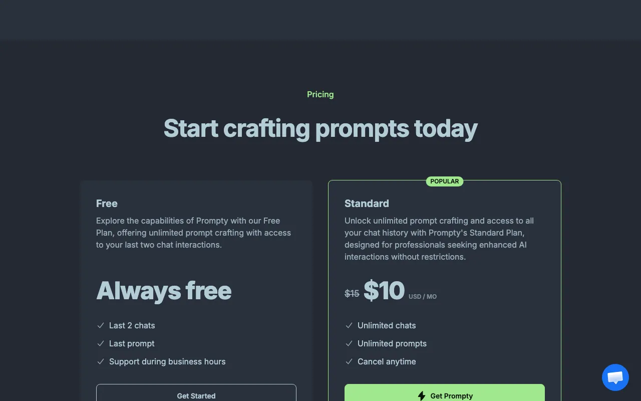 Prompty — pricing page