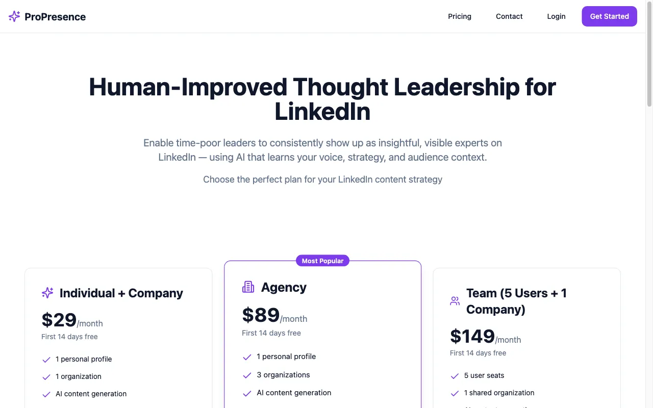 ProPresence — pricing page