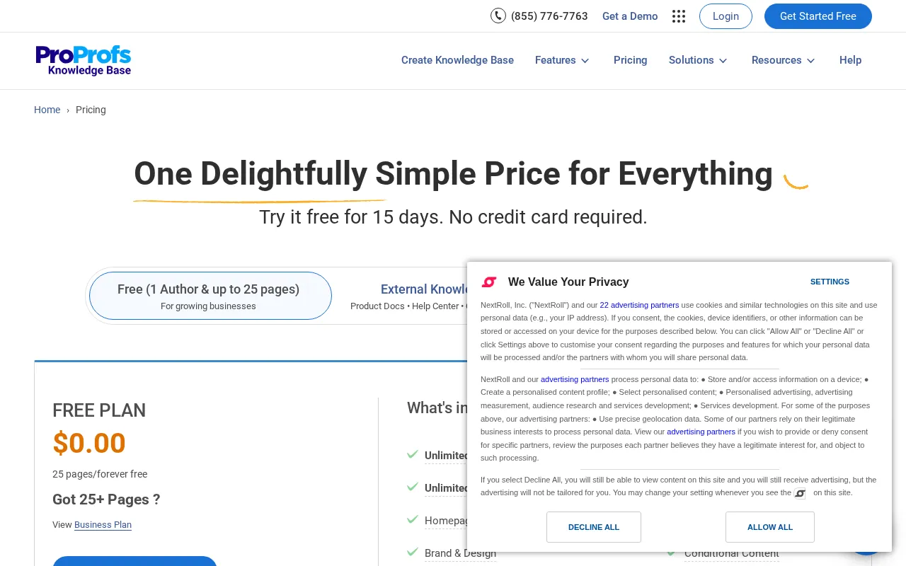 ProProfs Knowledge Base — pricing page