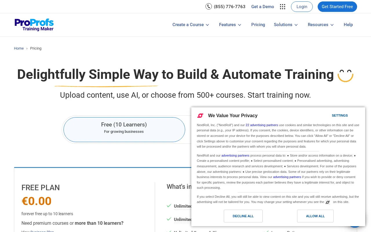 ProProfs Training Maker — pricing page