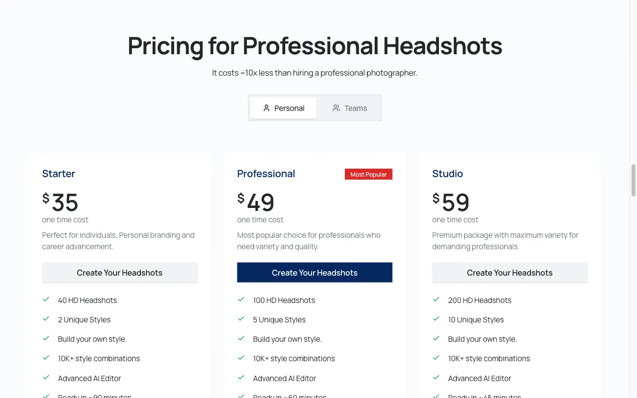 Proshoot.co — pricing page