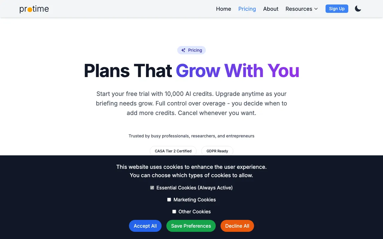 Protime — pricing page