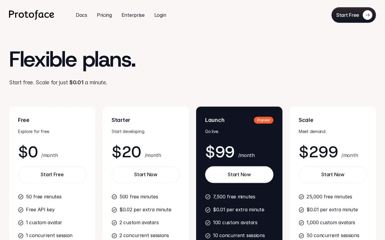 Protoface — pricing page