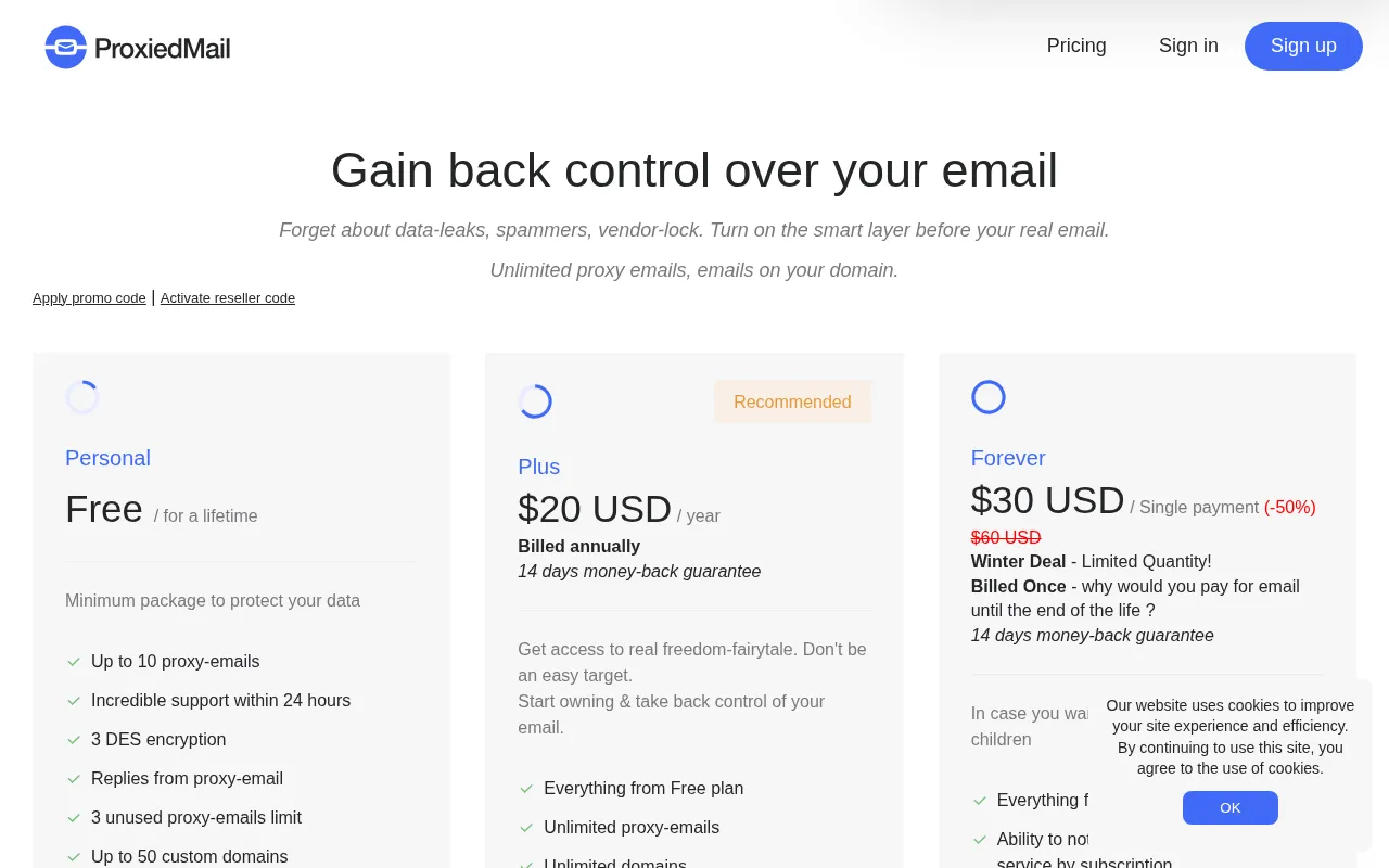 ProxiedMail — pricing page