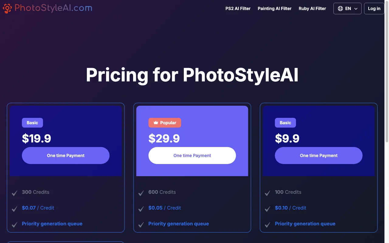 PS2 AI Filter by PhotoStyleAI — pricing page