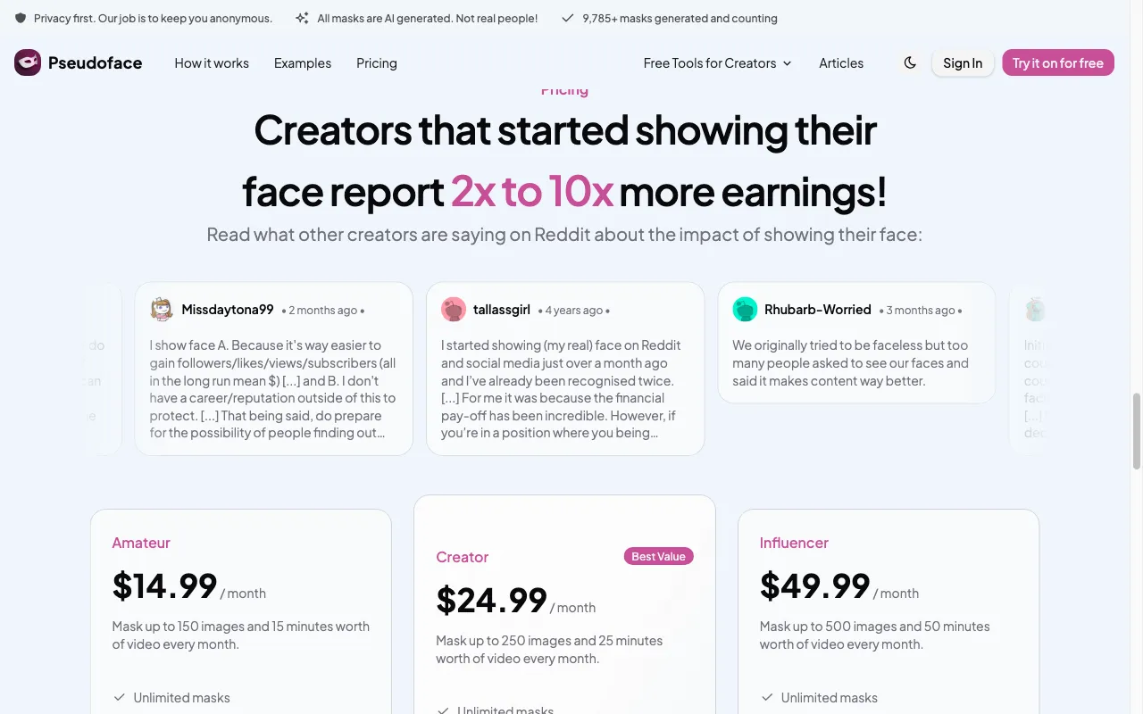 Pseudoface — pricing page